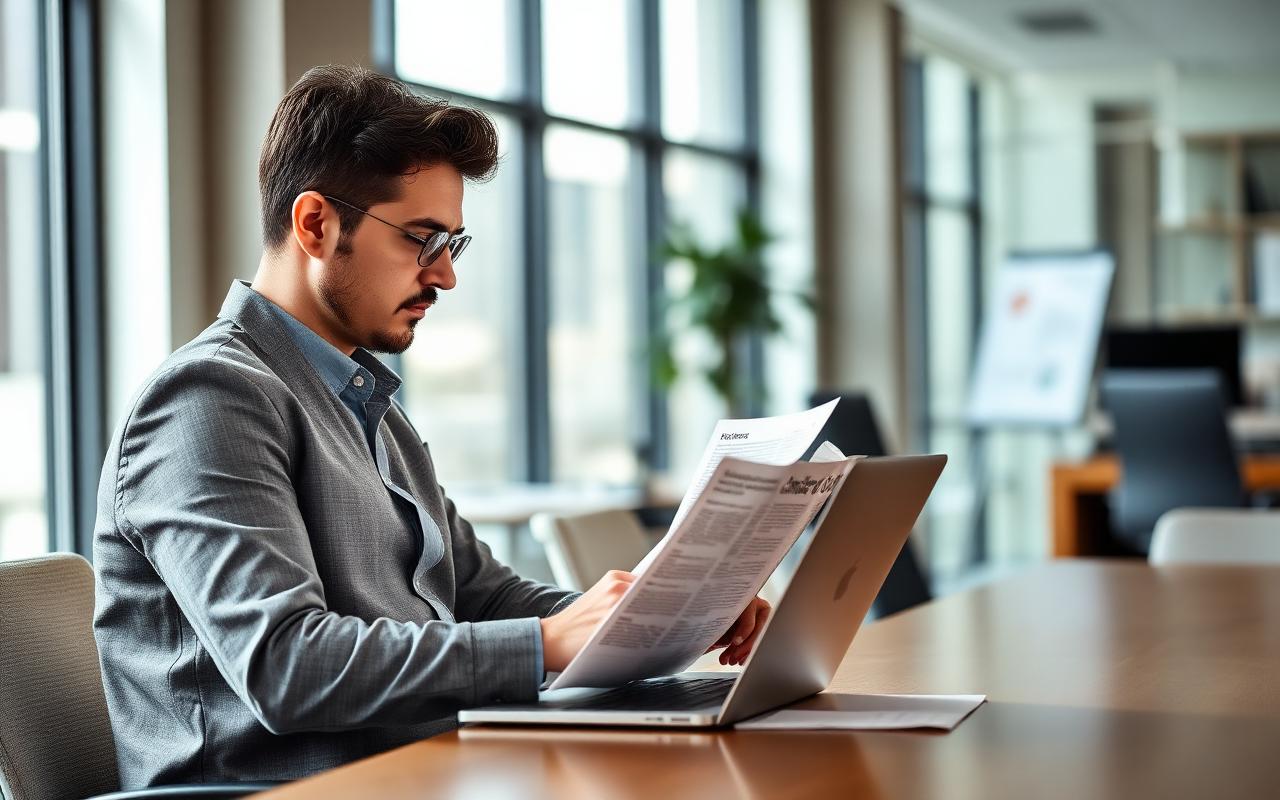 Un professionnel consulte des ressources de management et de leadership dans un bureau lumineux pour développer ses compétences managériales.