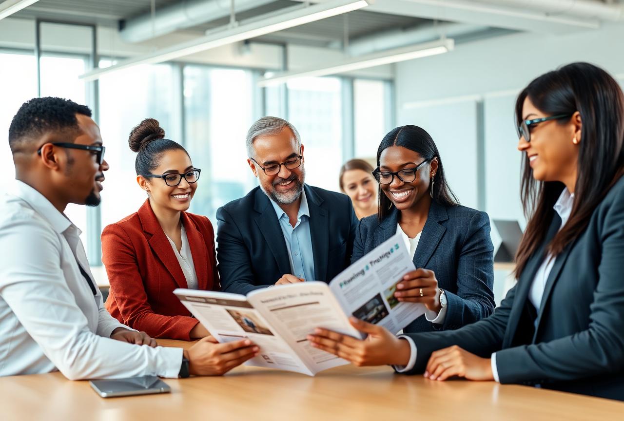 Des professionnels préparent une réunion autour de documents de travail, illustrant le catalogue de formations en management et gestion de projet à Paris.
