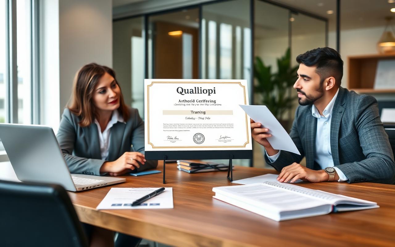 Des professionnels échangent sur les documents d’un parcours de formation management, illustrant les certifications et financements CPF et OPCO.
