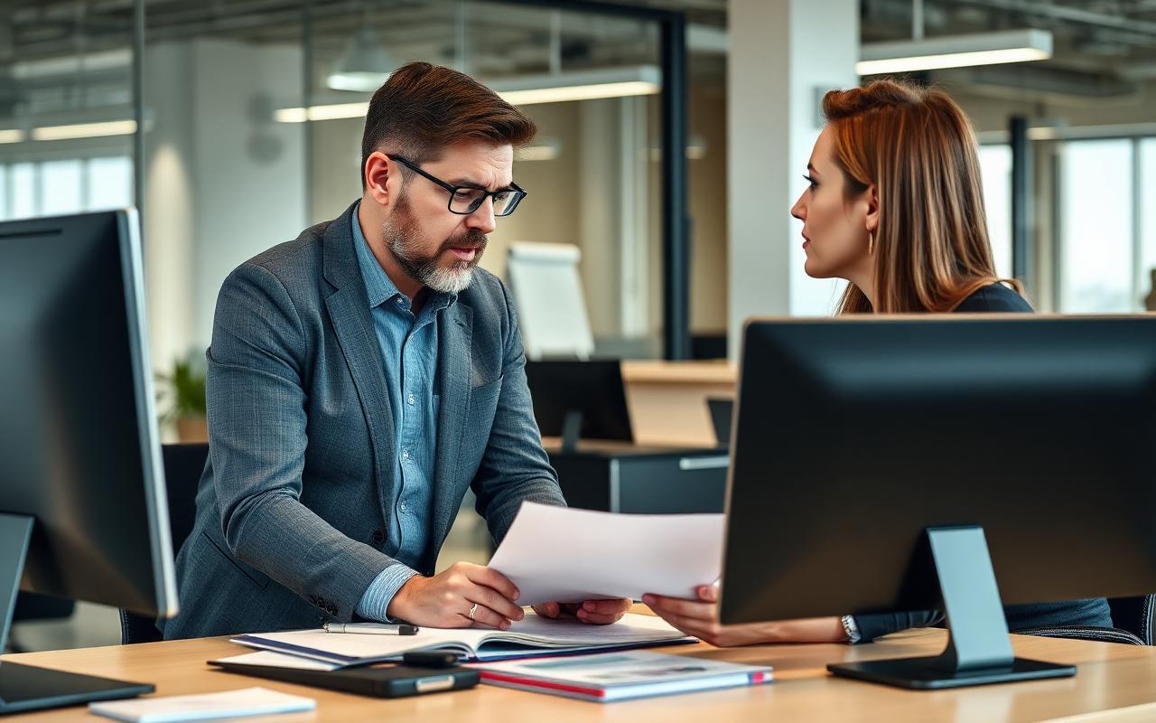 Deux professionnels échangent pendant une réunion de travail, illustrant les questions fréquentes sur la formation management à Paris.