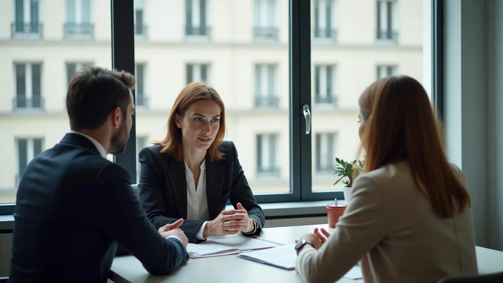 Deux collègues échangent en présence d'un médiateur, illustrant la formation gestion de conflit en entreprise.