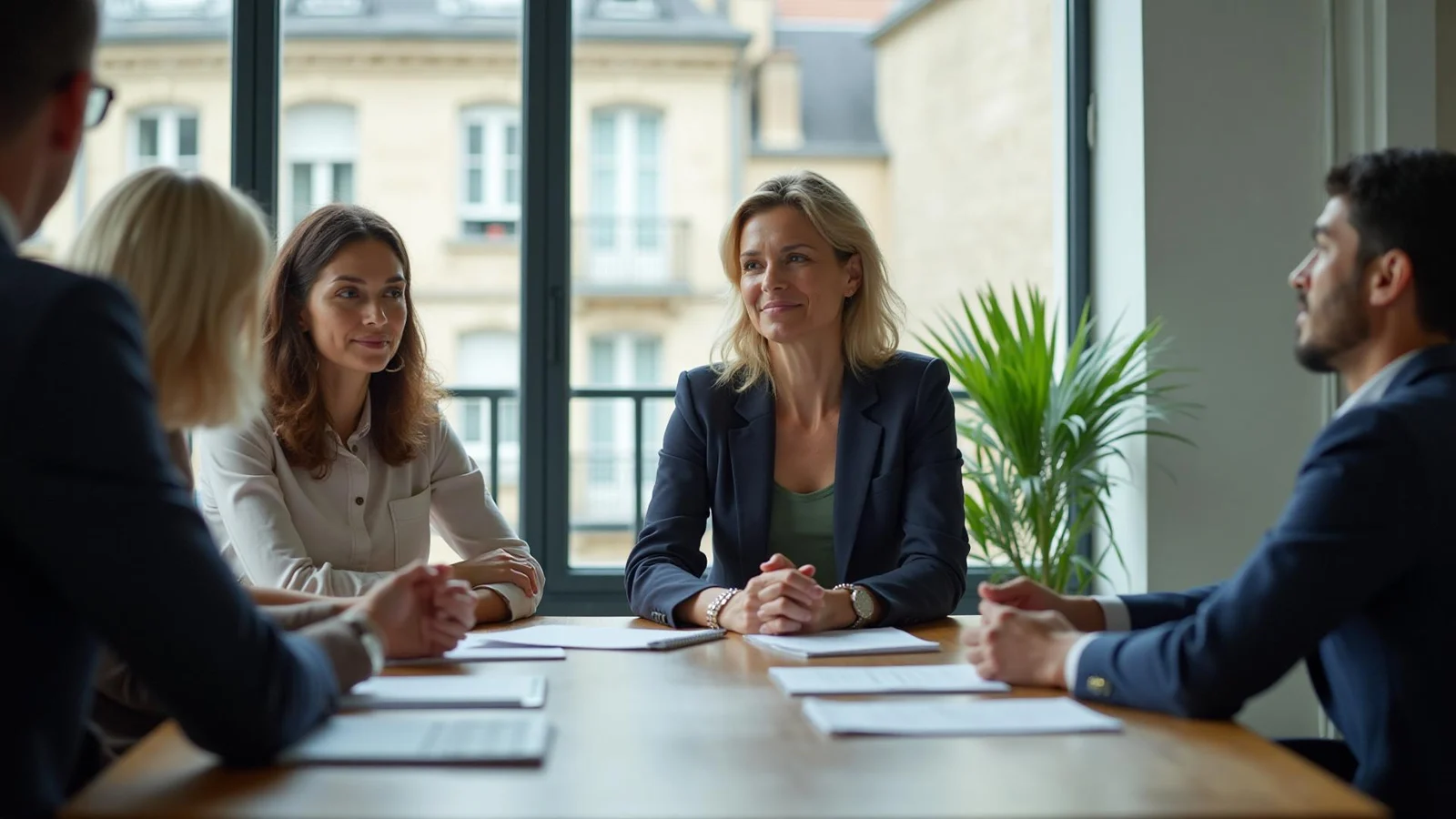 Une manager souriante reprend son souffle à son poste de travail, illustrant la formation gestion du stress en entreprise.