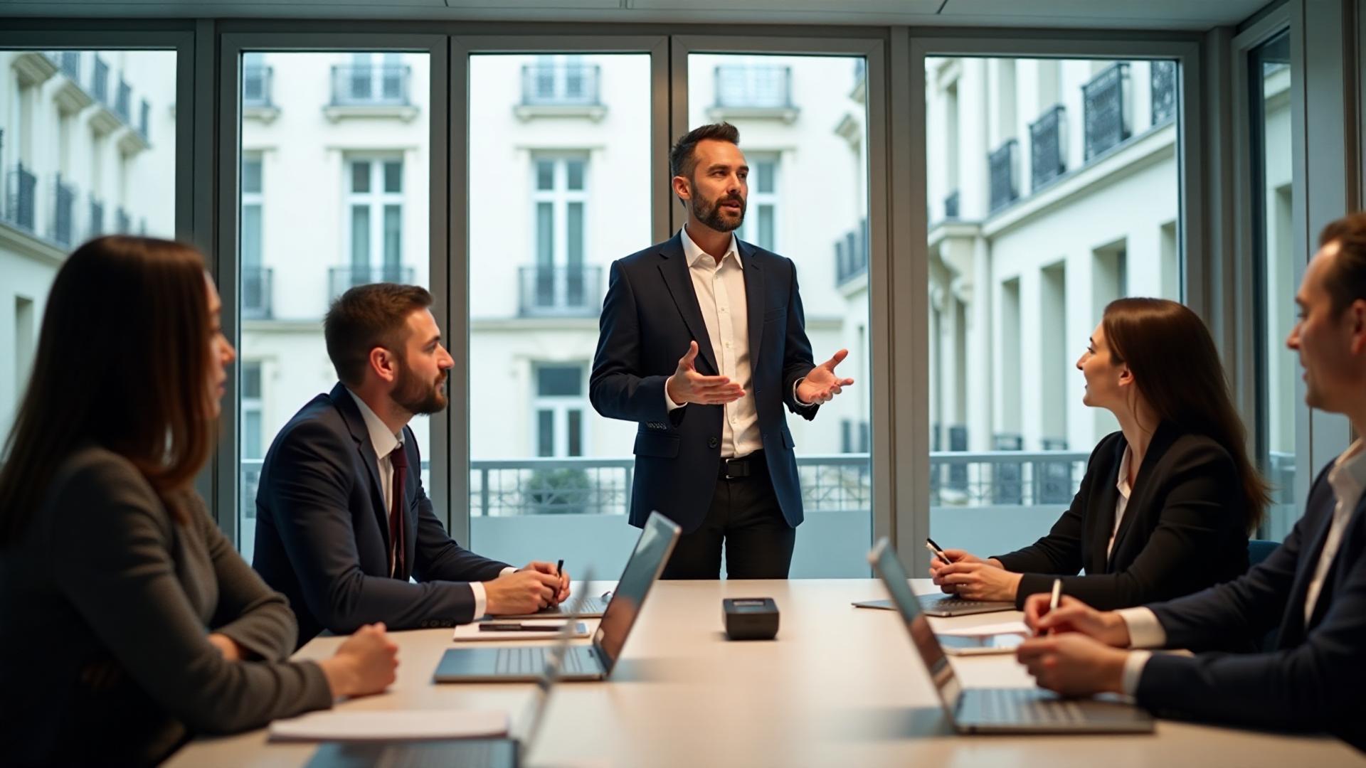 Manager débutant en formation management d’équipe à Paris apprenant à devenir manager d’équipe et animer une réunion avec son équipe autour d’une table