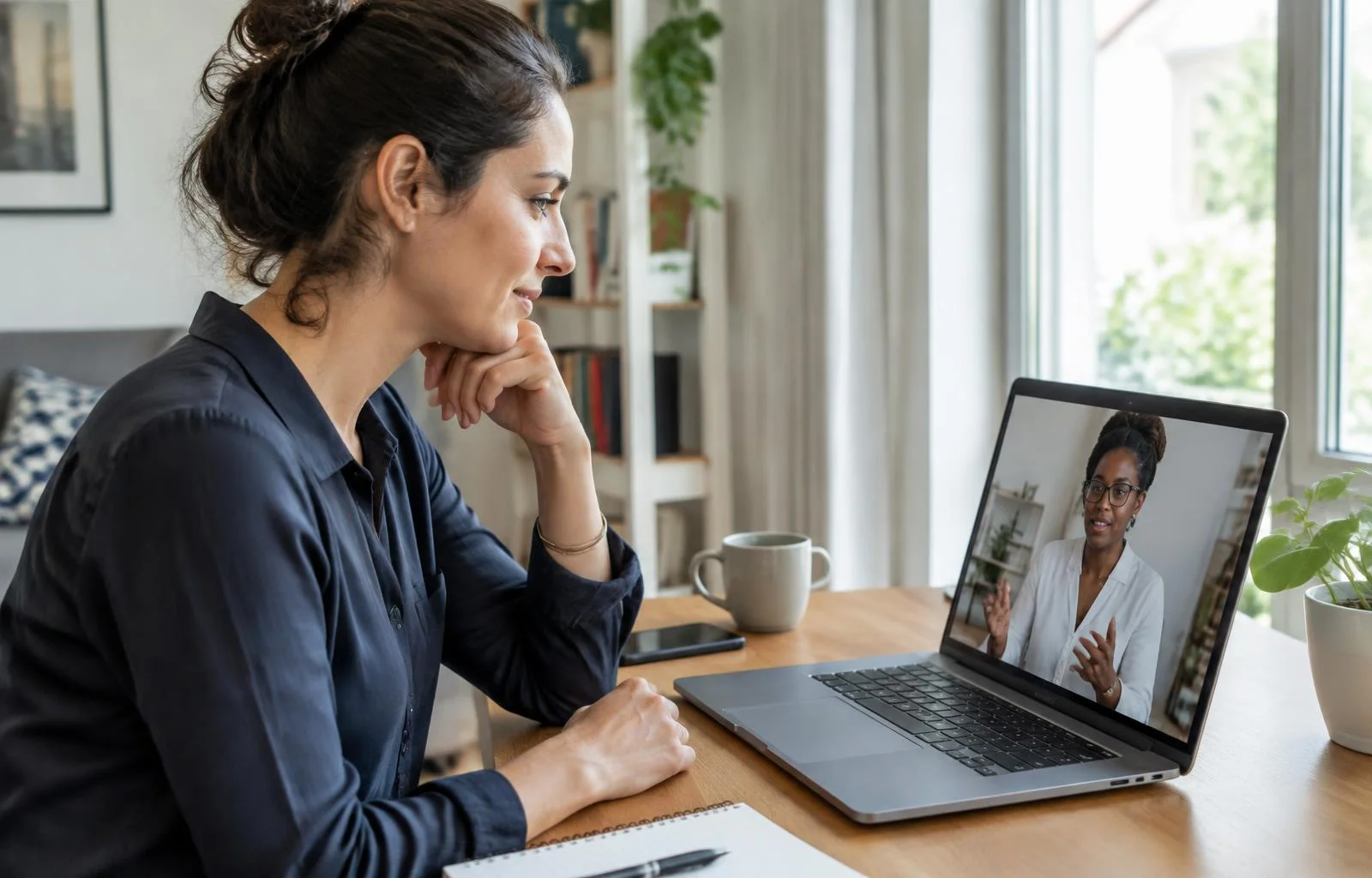 Une manageuse suit une séance en one to one en visio avec son formateur dédié, dans le cadre de la formation management d'équipe individuelle éligible CPF.