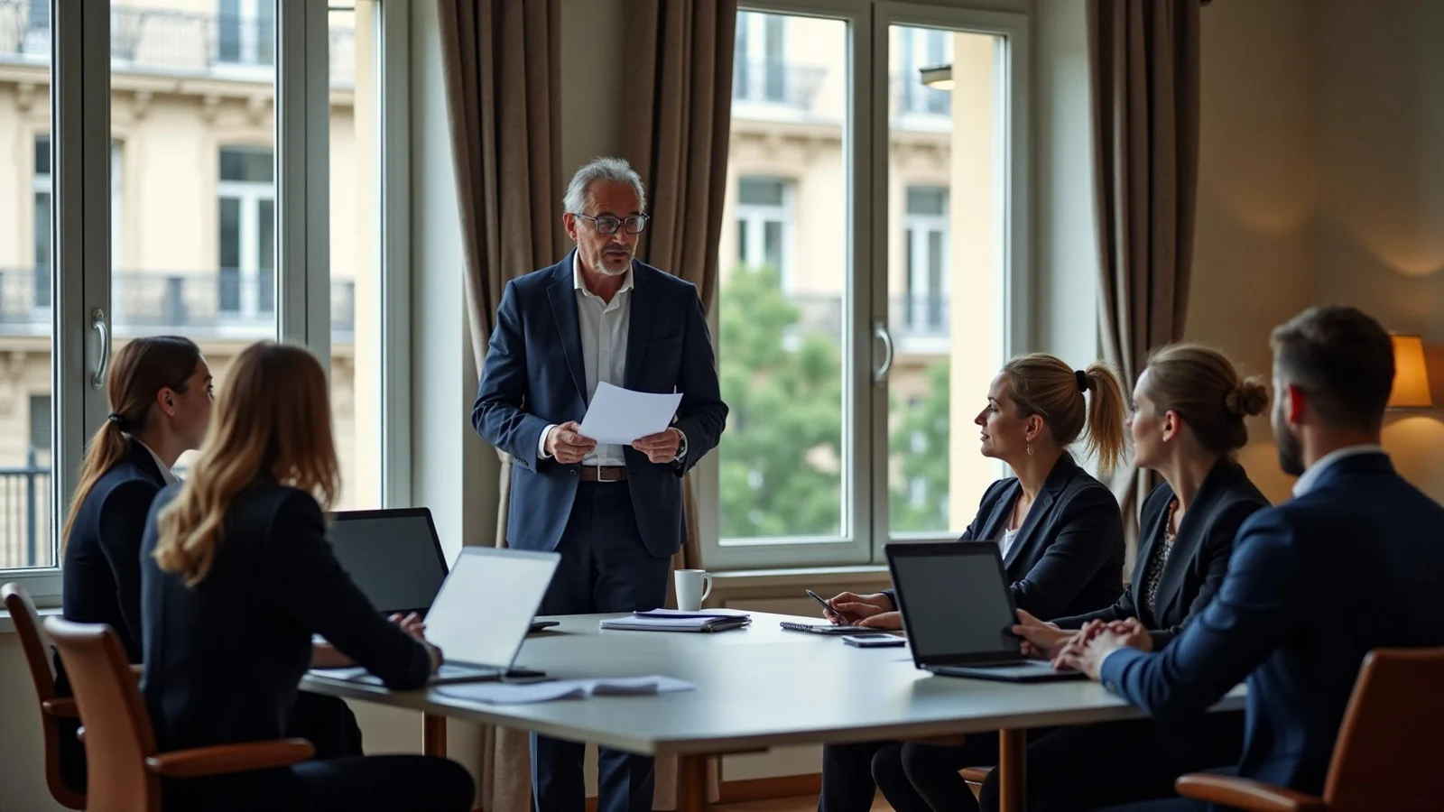 Un formateur échange avec des managers réunis autour d’une table dans un bureau lumineux, illustrant un parcours de formation management 360° et leadership en entreprise.