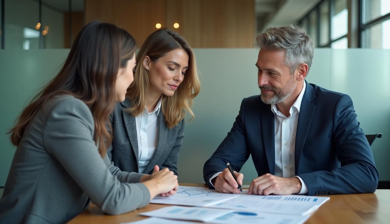 Des professionnels échangent autour de documents dans un bureau lumineux pour préparer une formation management sur mesure adaptée aux enjeux de leur entreprise.