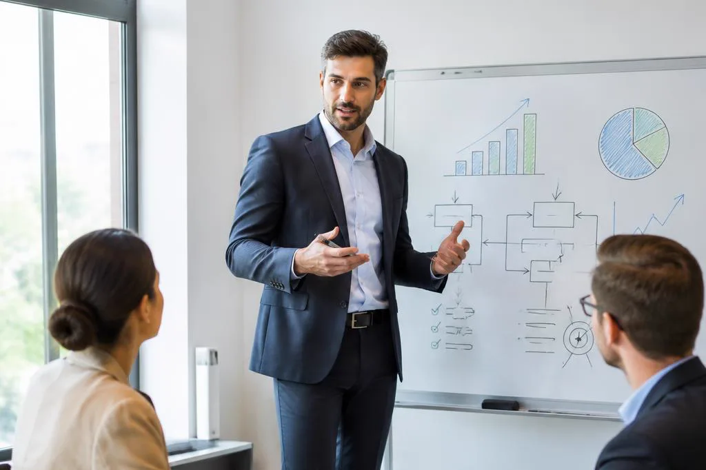 Manager présentant un plan d'action et des indicateurs au tableau blanc devant son équipe en formation management 360°.