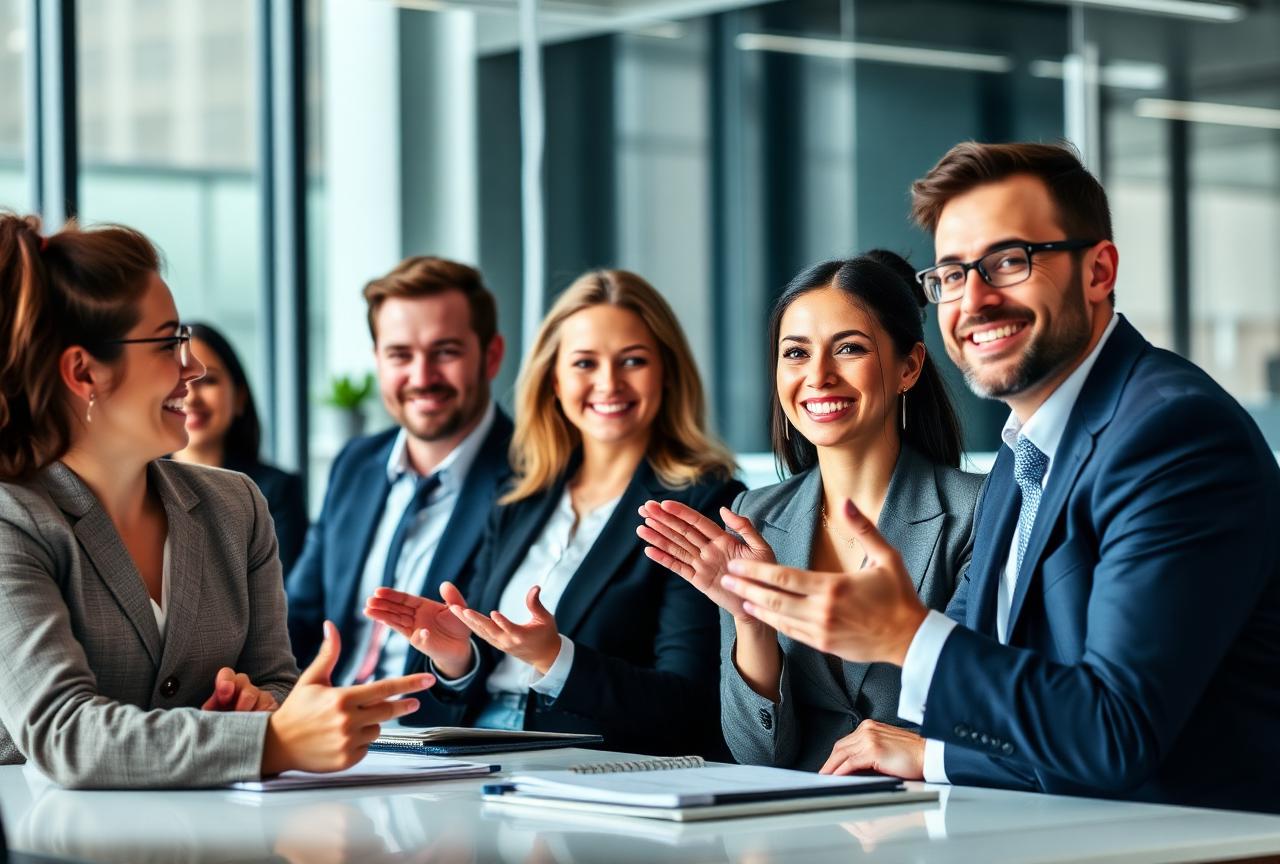 Des professionnels échangent autour d'une table, scène illustrative de situations travaillées en formation management, sans représenter des clients d'Easy Learn.
